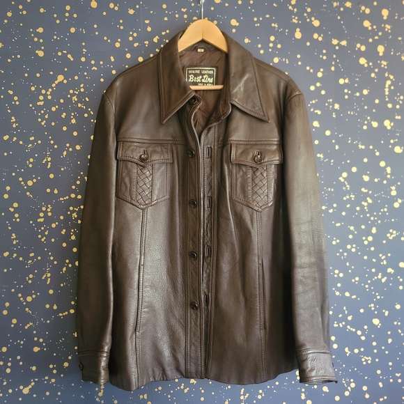 Vintage Other - Vintage Genuine Leather shirt jacket mens 46 XL dagger collar shacket